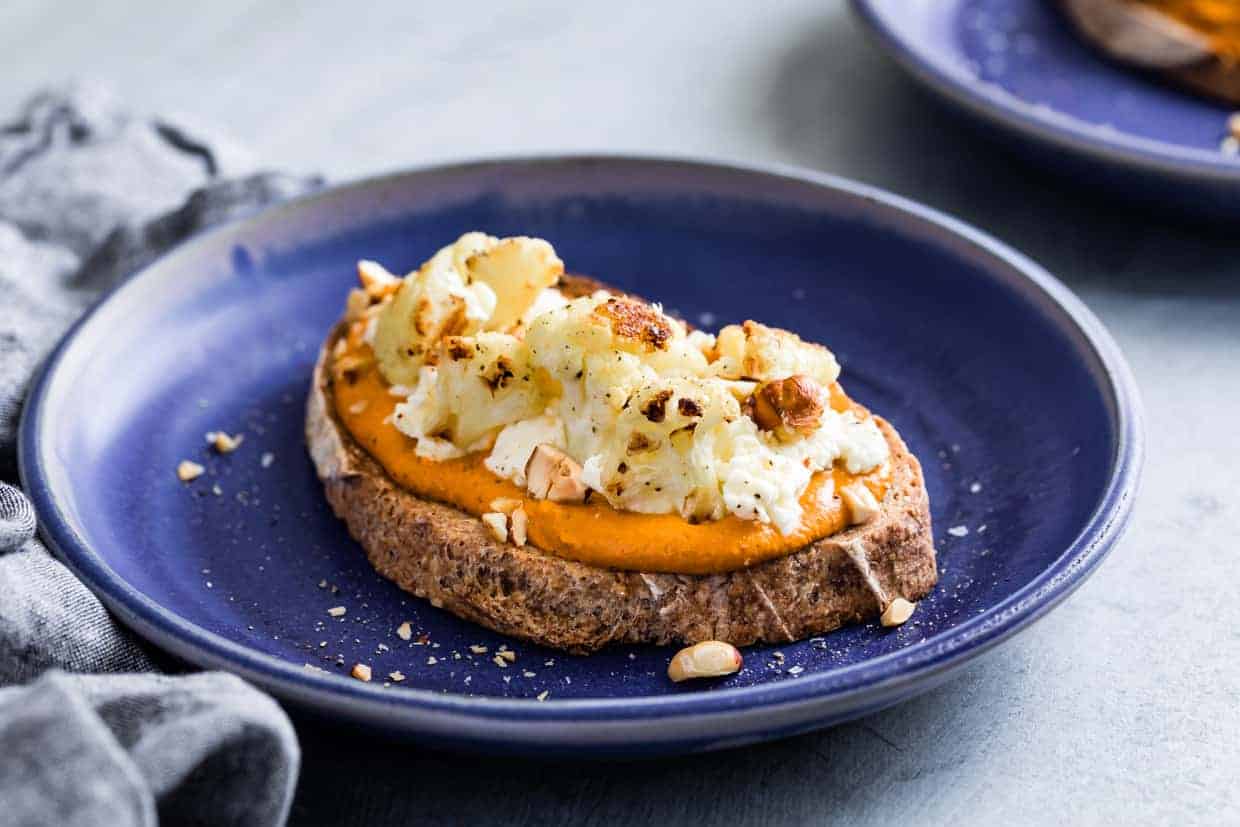 Hazelnut Romesco Sauce Toast with Roasted Cauliflower and Ricotta