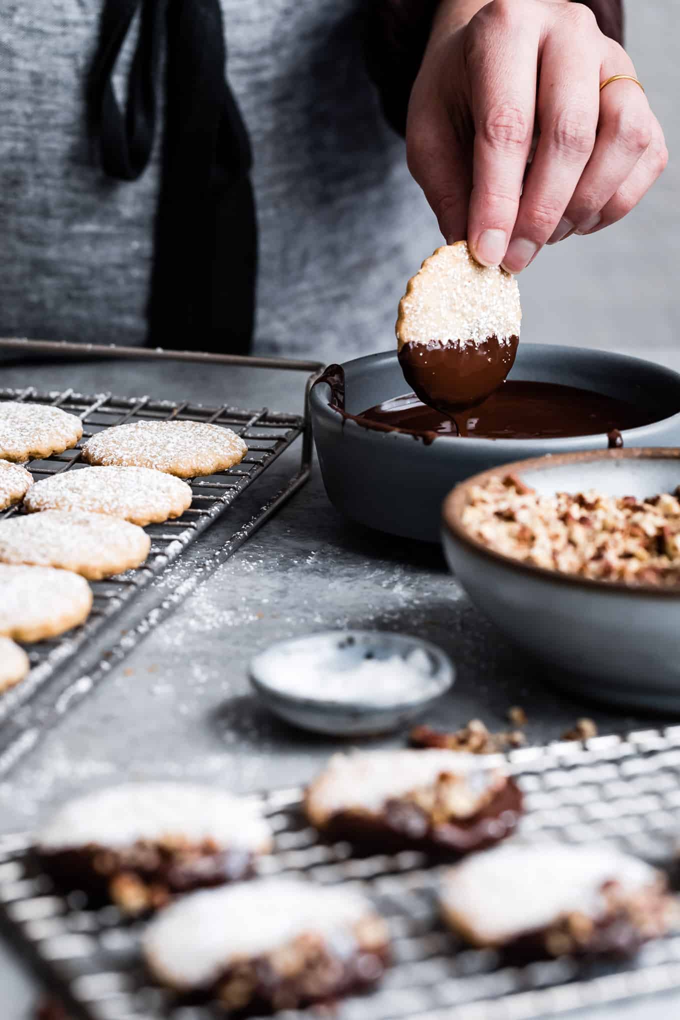 Chocolate-Dipped Butter Pecan Shortbread Cookies