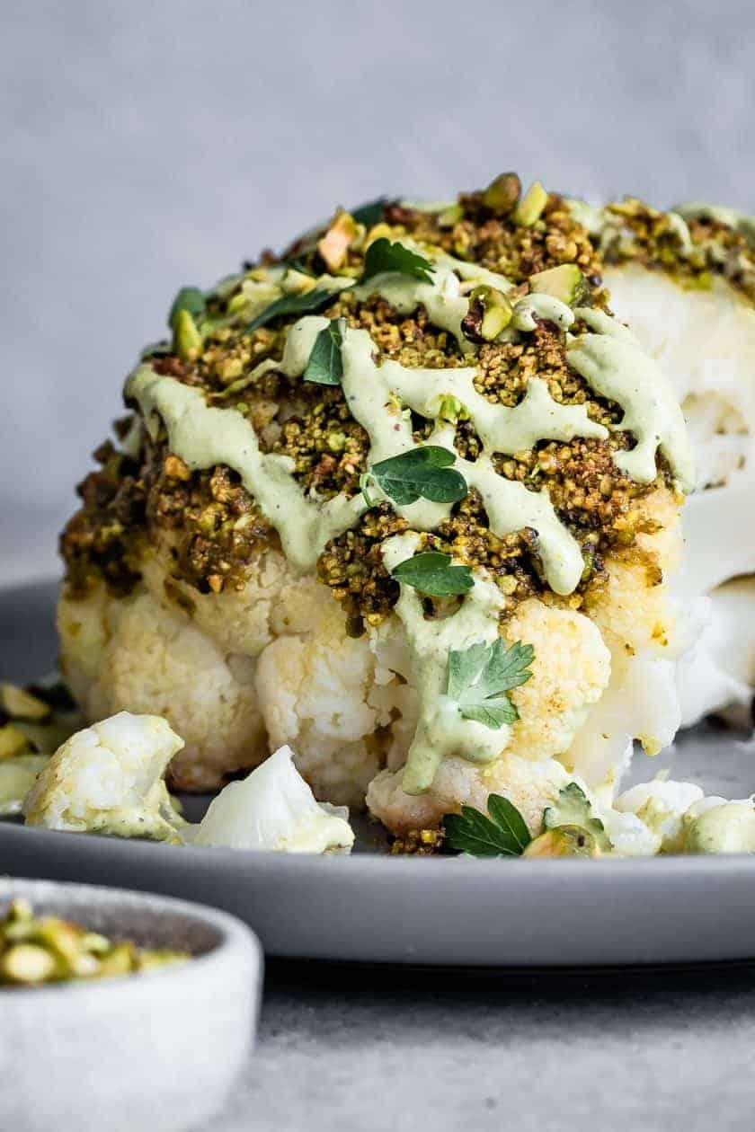 PistachioCrusted Whole Roasted Cauliflower with Pistachio Cream Sauce Snixy Kitchen