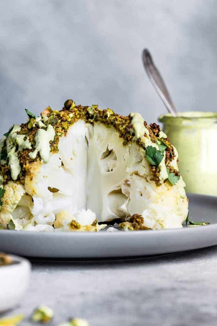 Pistachio-Crusted Whole Roasted Cauliflower with Pistachio Cream Sauce ...