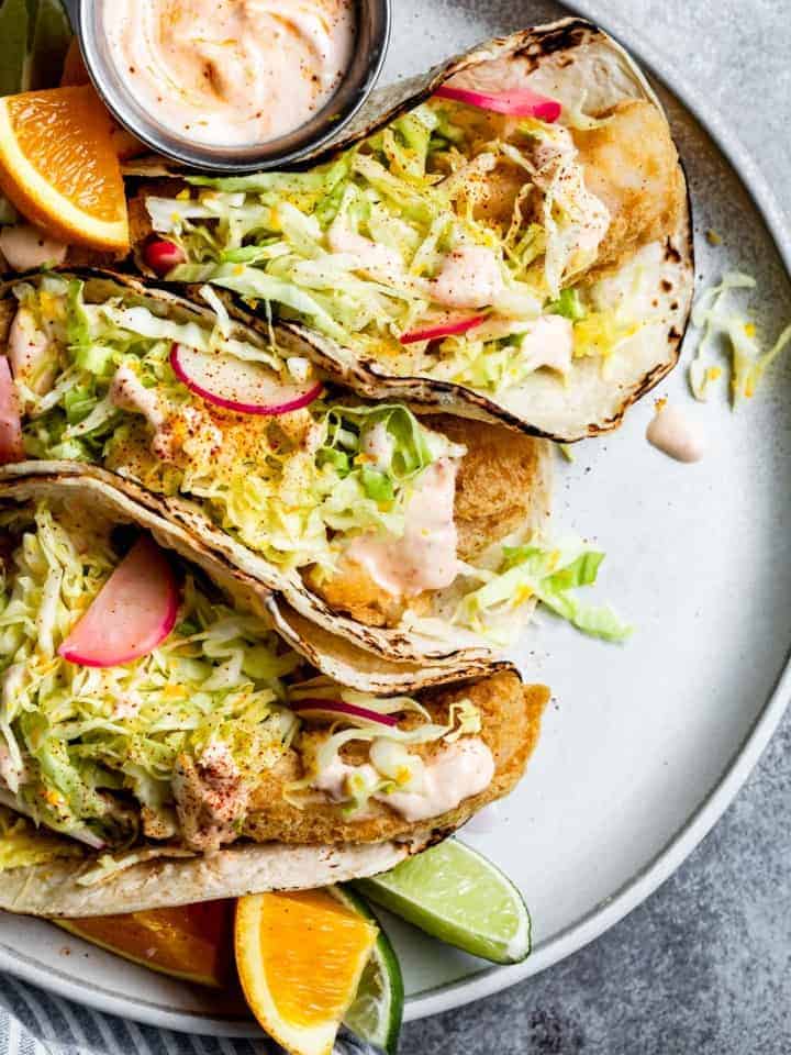 Gluten-Free Fried Fish Tacos with Chipotle Cream Sauce