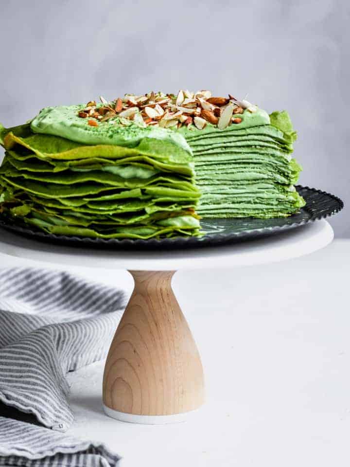 Gluten-Free Matcha Crepe Cake with White Chocolate Ganache