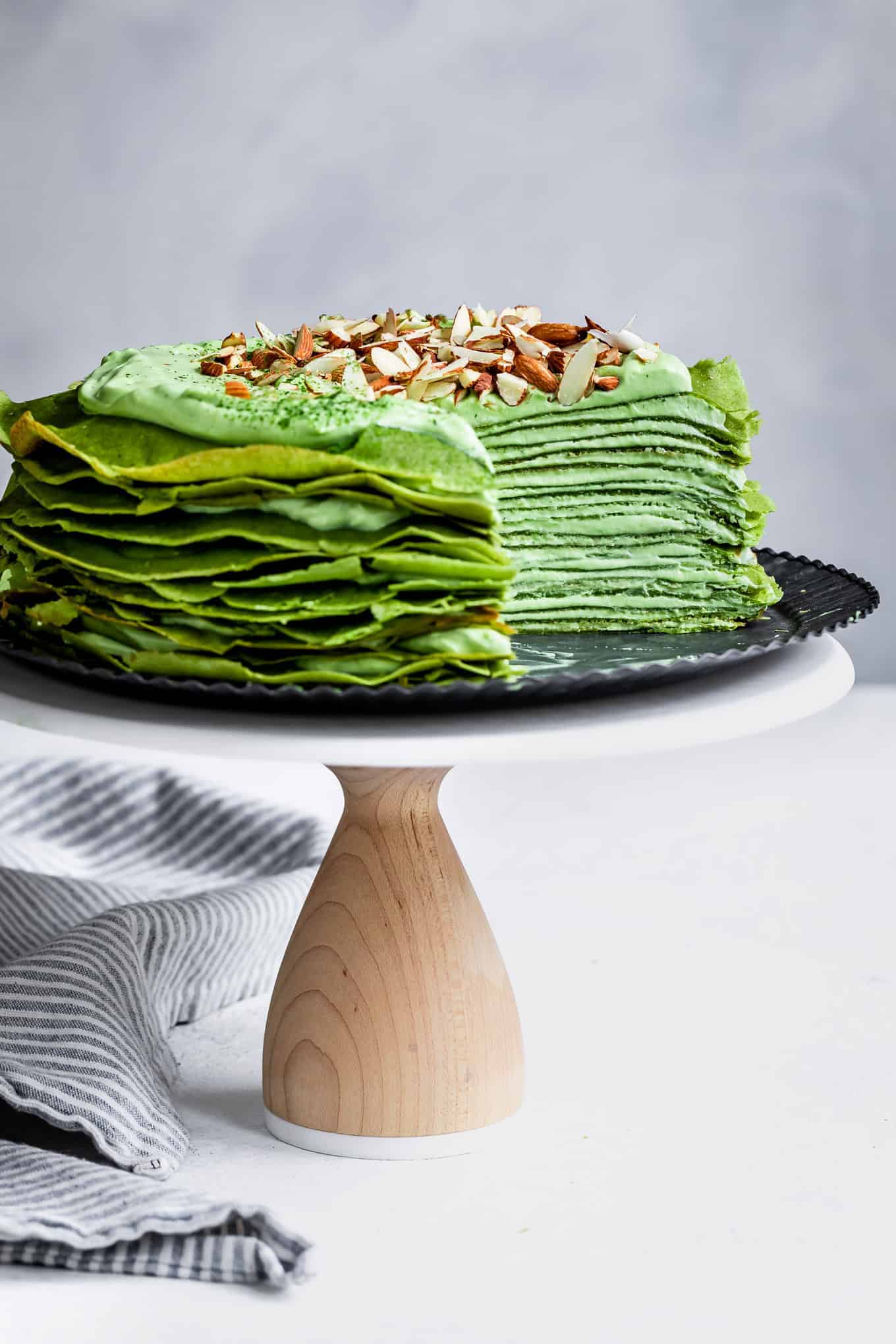 Gluten-Free Matcha Crepe Cake with White Chocolate Ganache