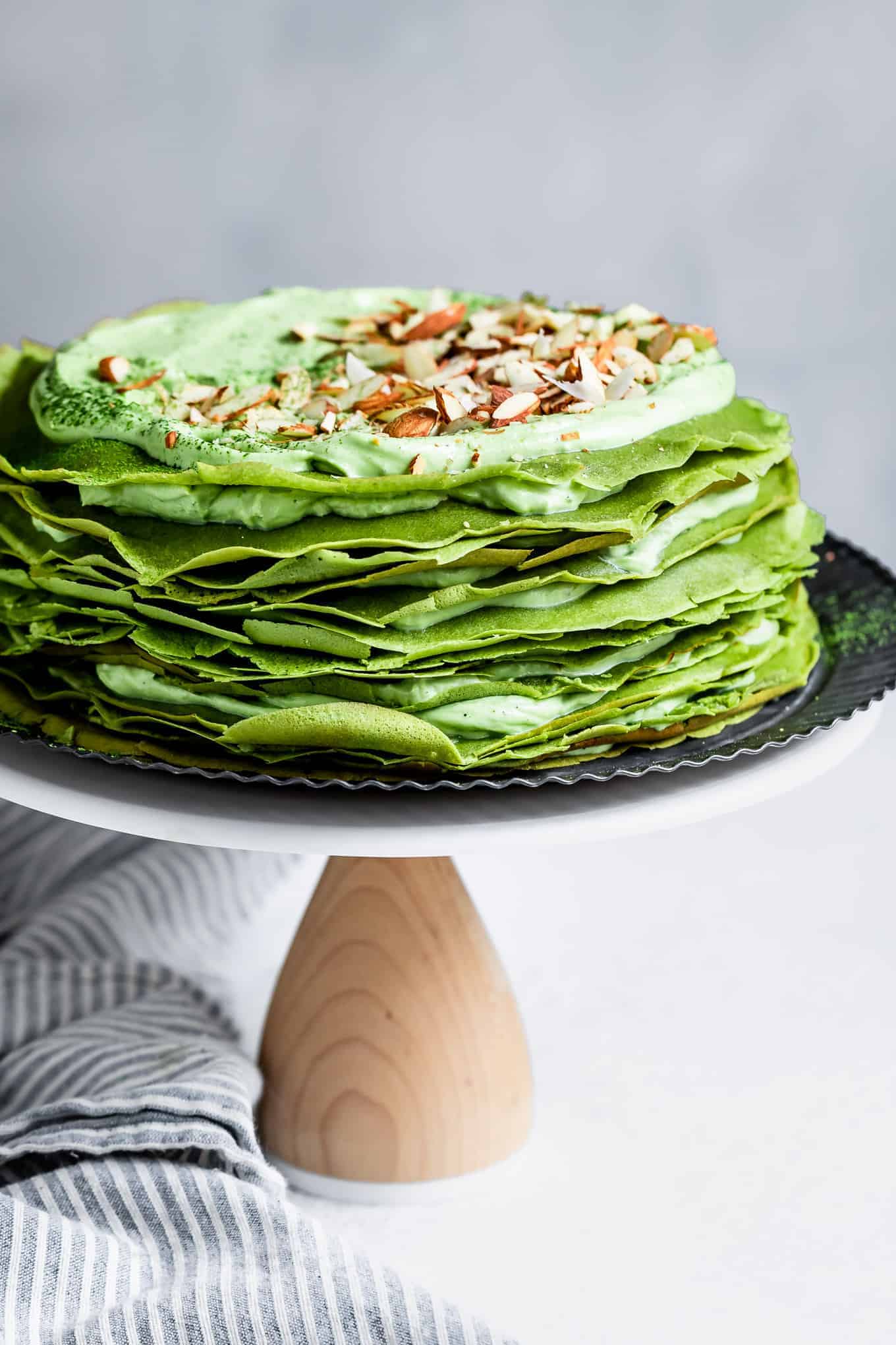 Gluten-Free Matcha Crepe Cake with White Chocolate Ganache