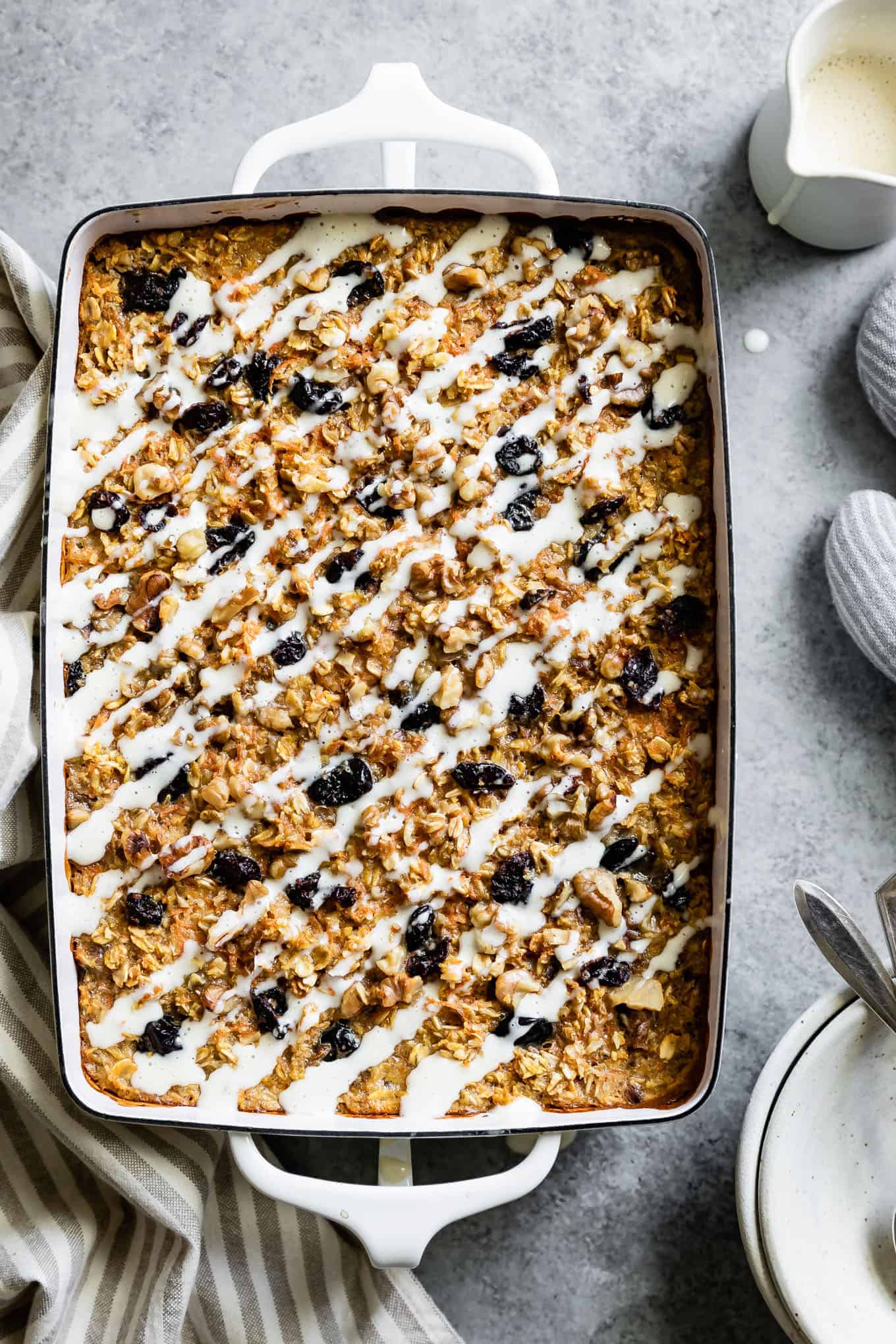 Carrot Cake Baked Oatmeal with Maple Cream Cheese Glaze