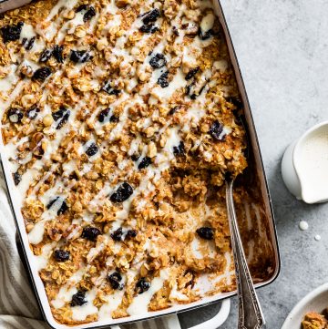 Carrot Cake Baked Oatmeal with Maple Cream Cheese Glaze