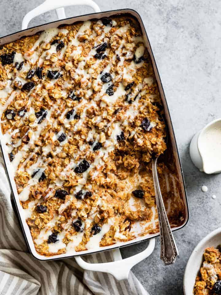 Carrot Cake Baked Oatmeal with Maple Cream Cheese Glaze