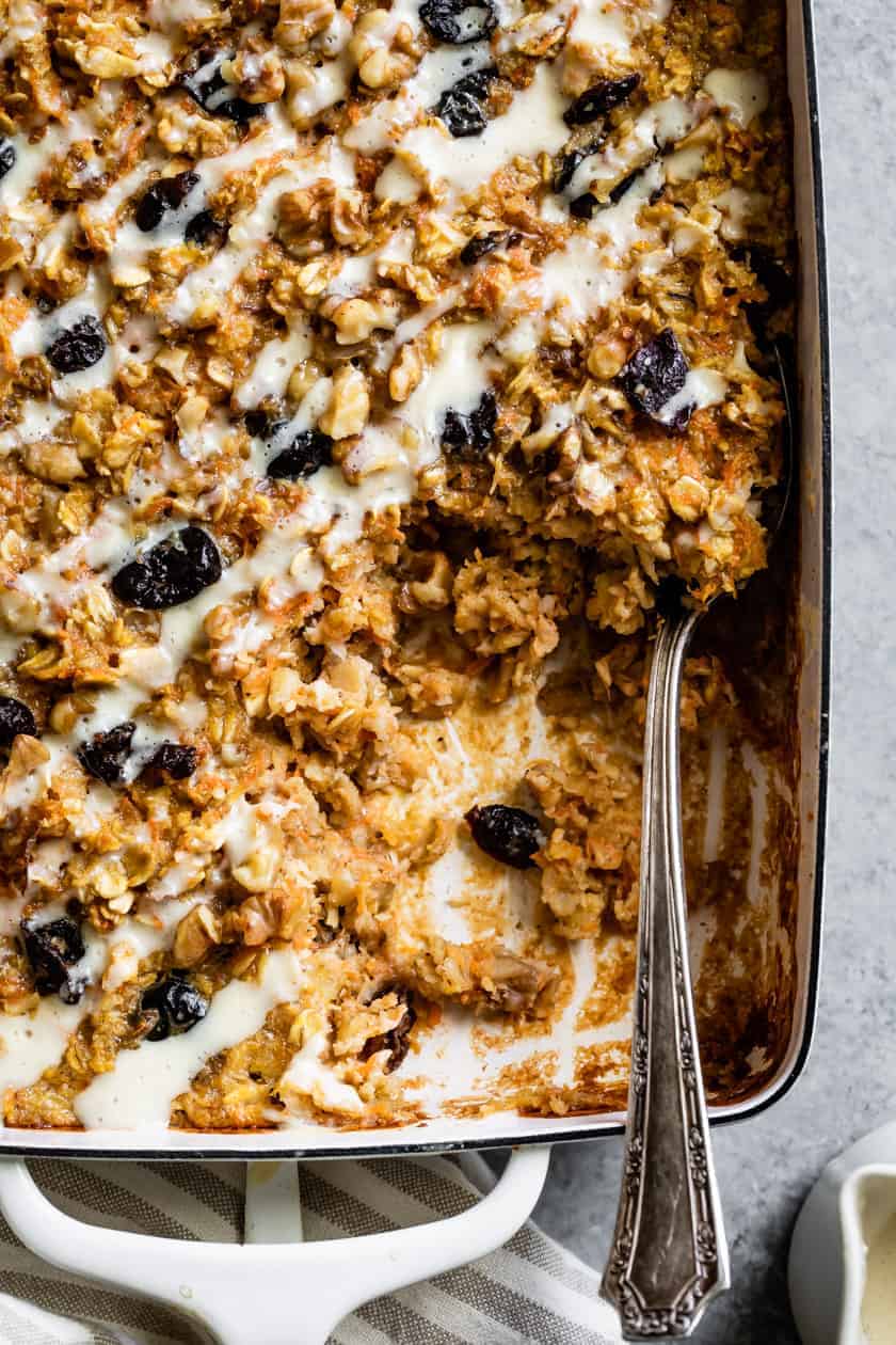 Carrot Cake Baked Oatmeal with Maple Cream Cheese Glaze