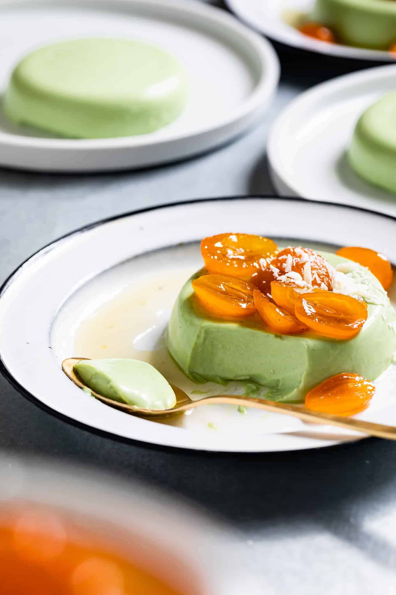 Matcha Panna Cotta with Candied Kumquats