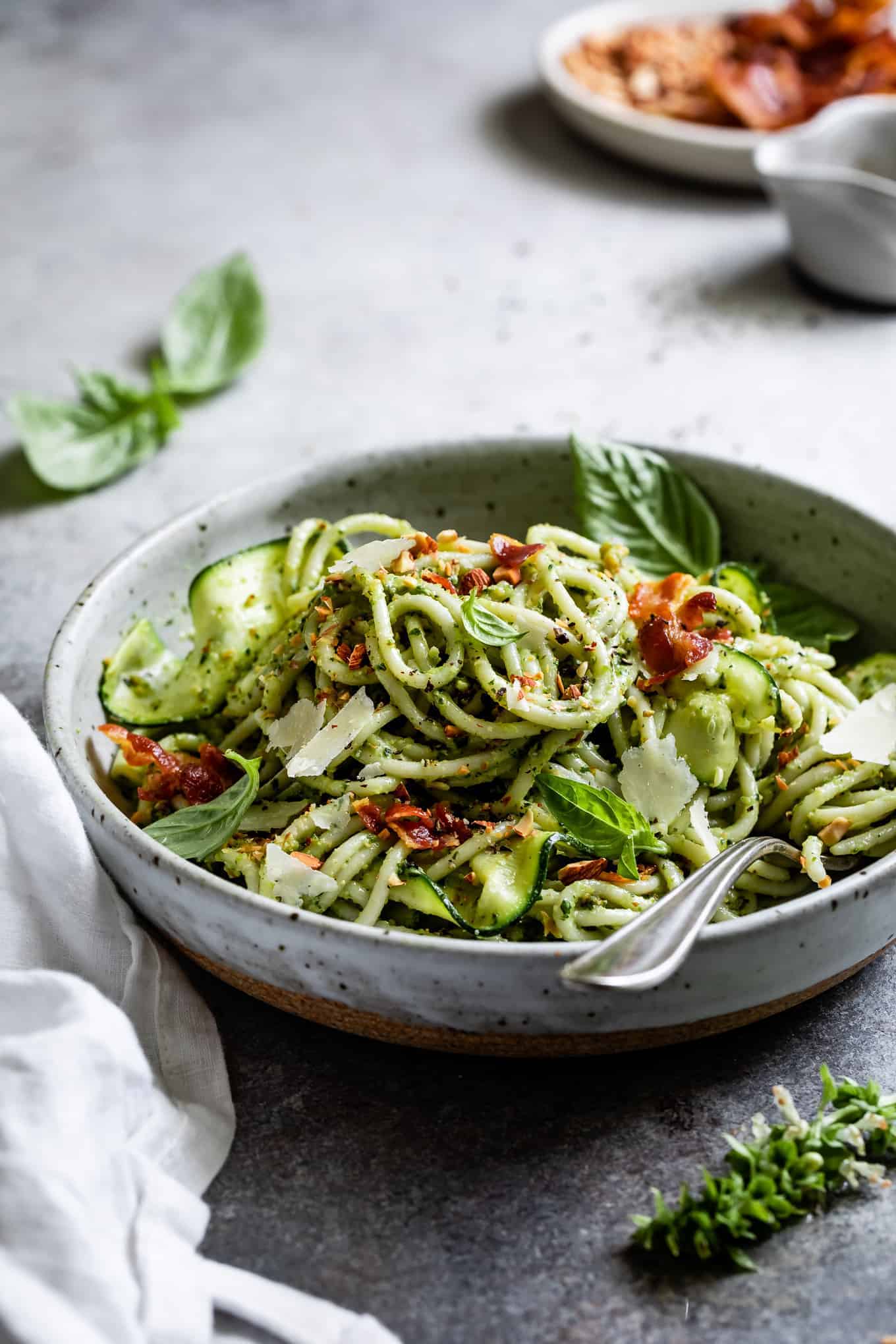 Zucchini Pesto Pasta with Roasted Almonds | Snixy Kitchen