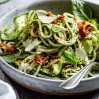 Zucchini Pesto Pasta with Roasted Almonds