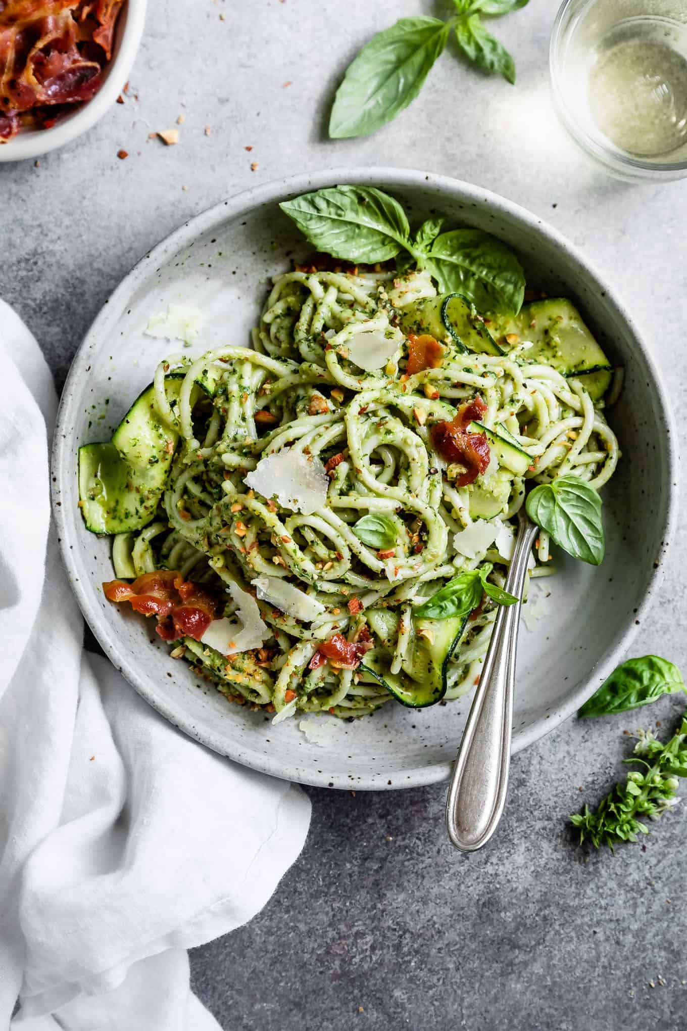 Gluten-Free Zucchini Pesto Pasta with Pancetta