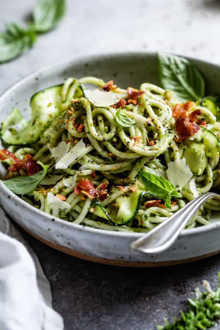 Zucchini Pesto Pasta with Roasted Almonds Snixy Kitchen