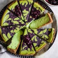 Matcha Cheesecake with Blueberry Swirl