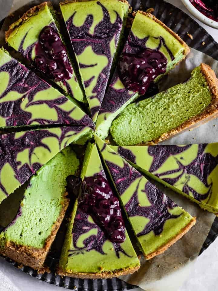 Matcha Cheesecake with Blueberry Swirl