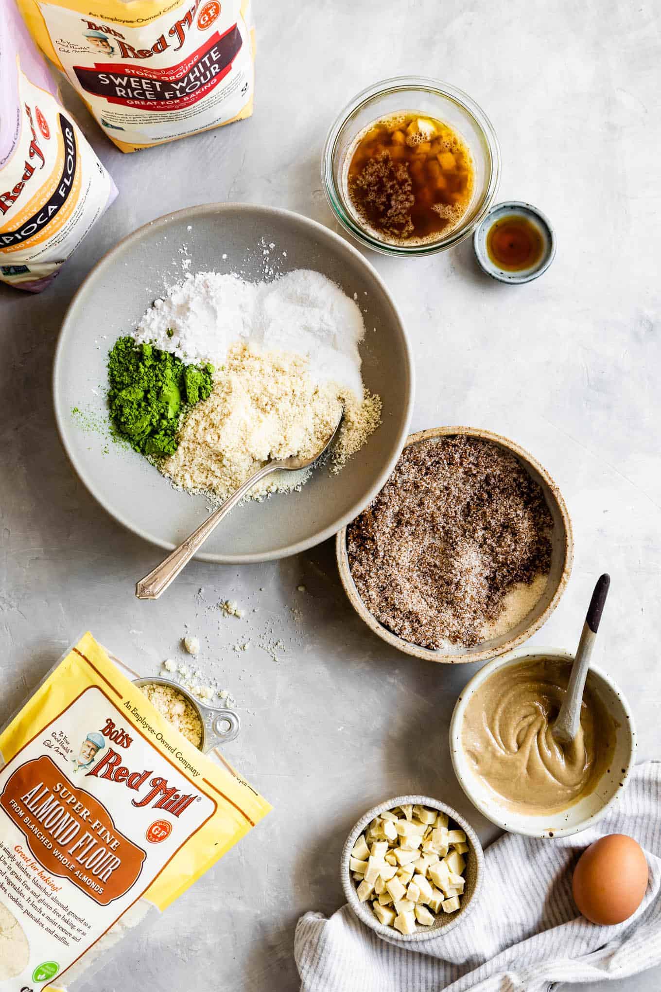 Ingredients in Bowls for Matcha Brownies