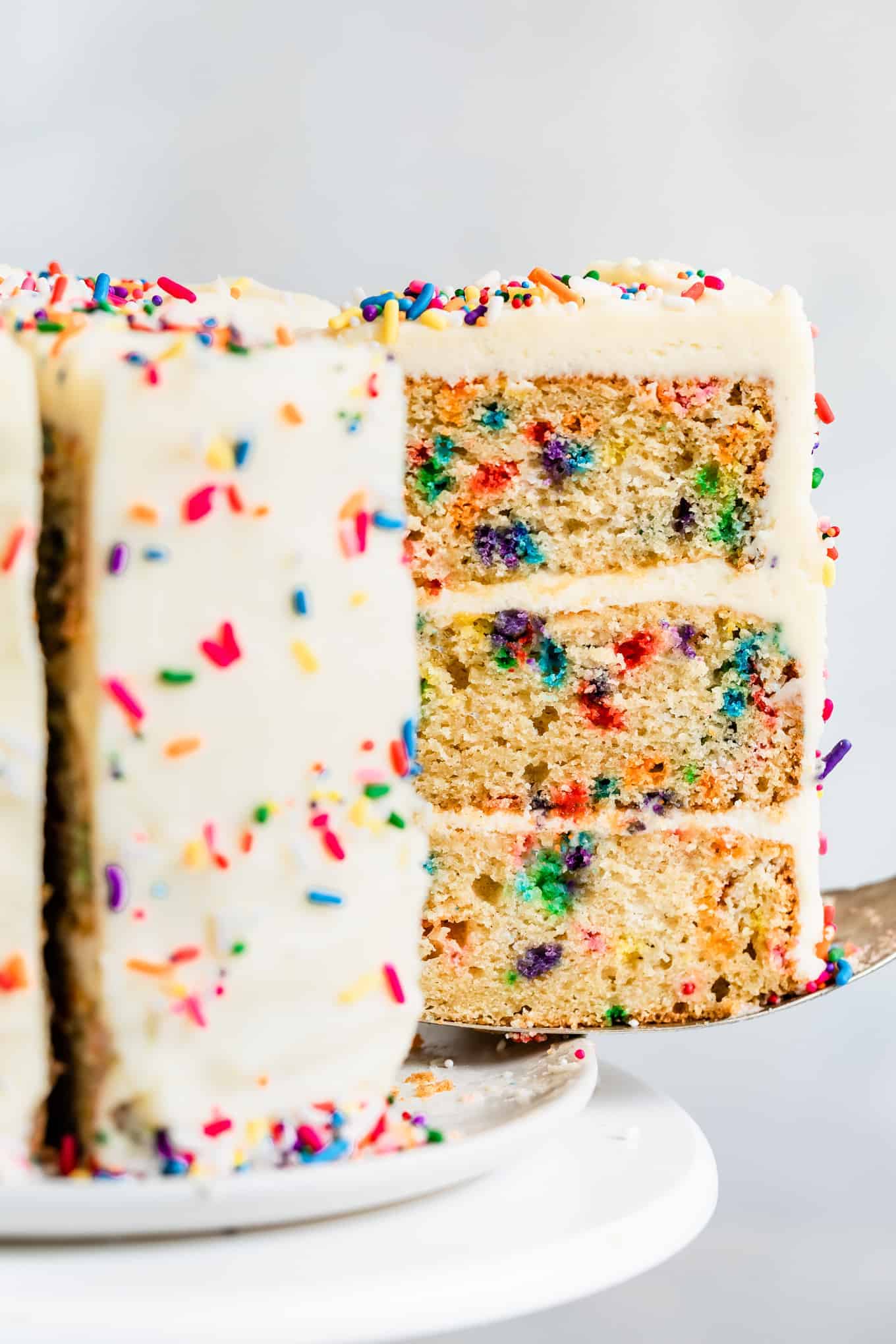 Close-up of Gluten-Free Funfetti Cake with Frosting and Sprinkles