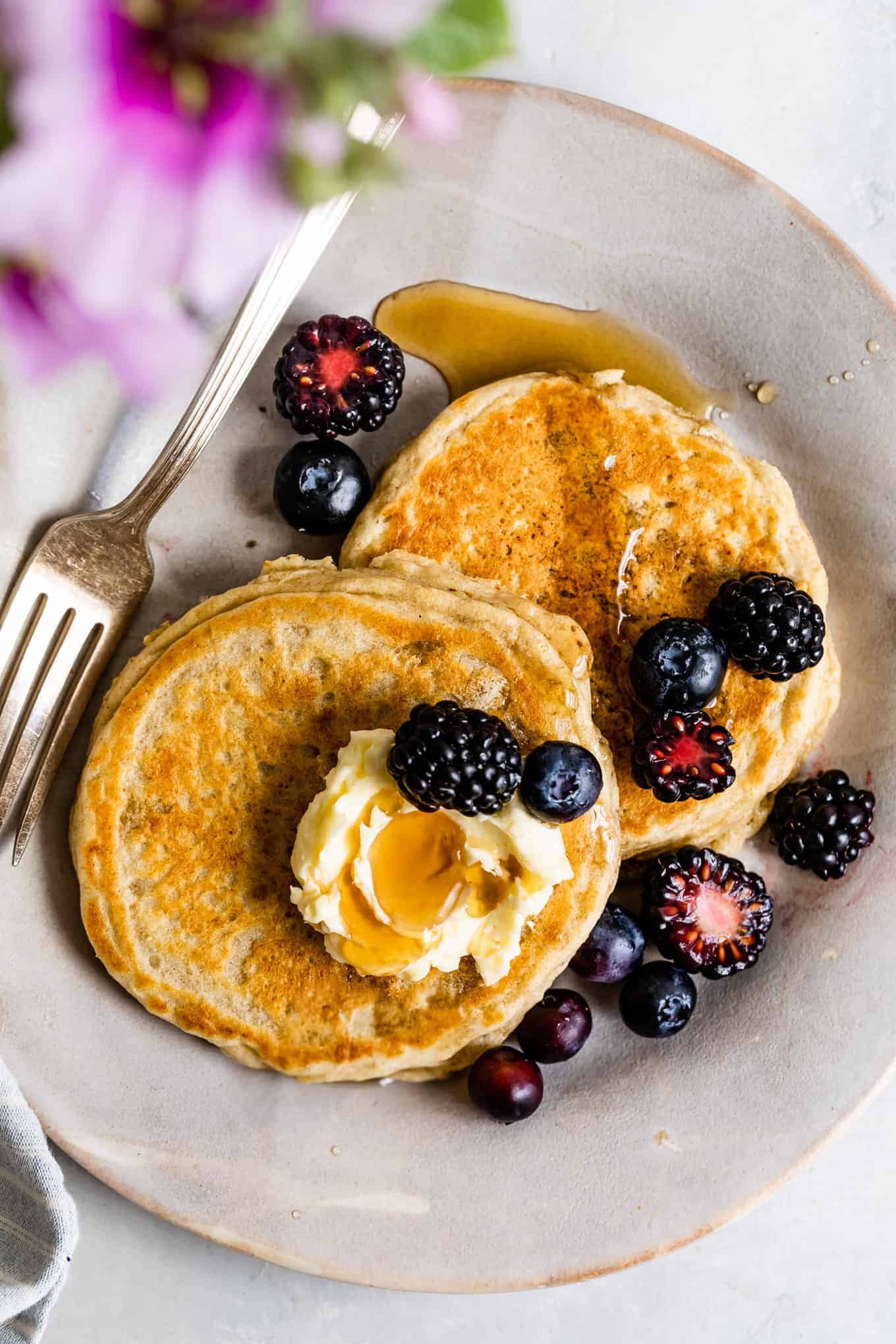 Gluten-free blueberry pancakes with syrup