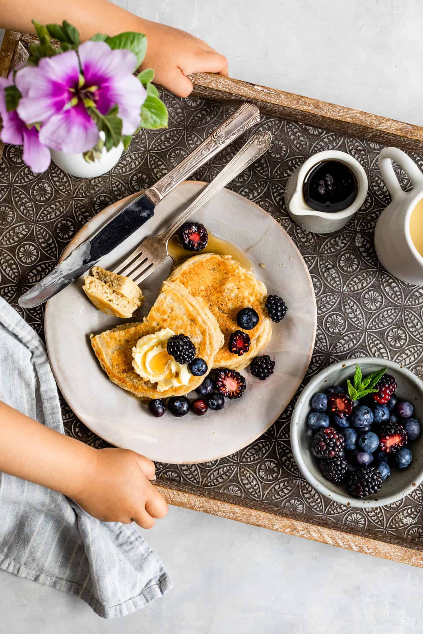 Breakfast in bed pancakes platter