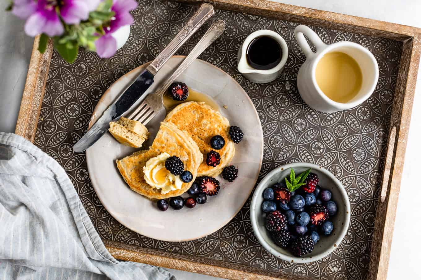 Breakfast tray of fluffy gluten-free dairy-free pancakes