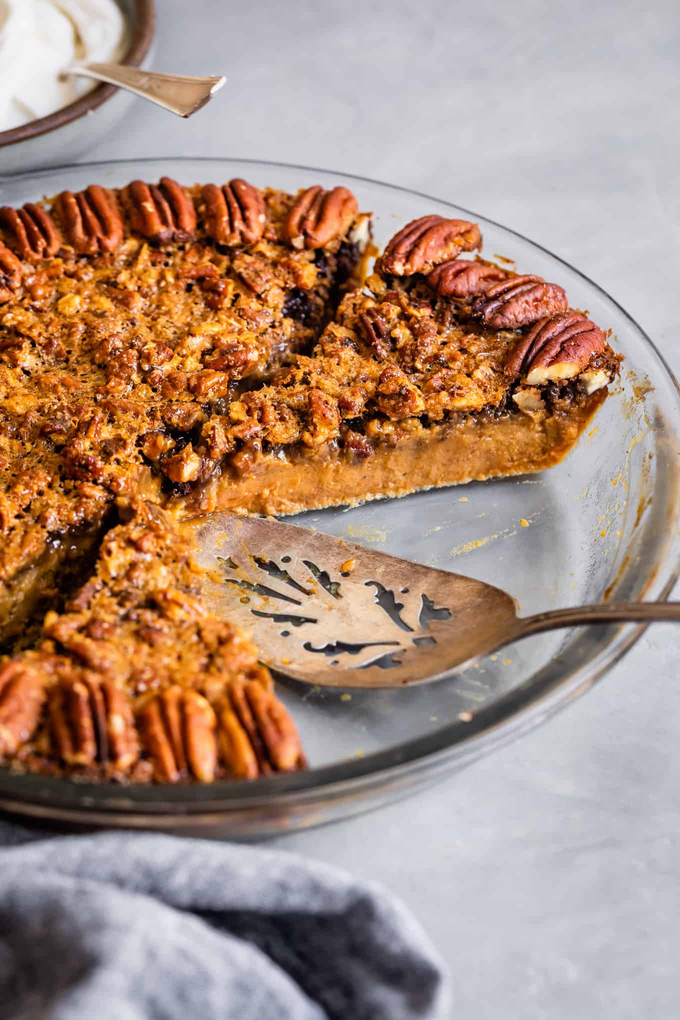 Texture of Crustless Pumpkin Pie with Pecan Topping