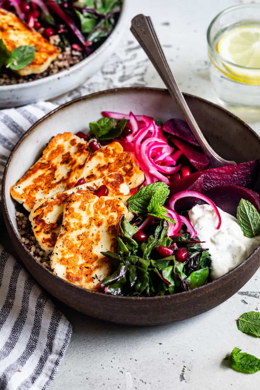 Fried Halloumi over Quinoa Veggie Bowls Snixy Kitchen