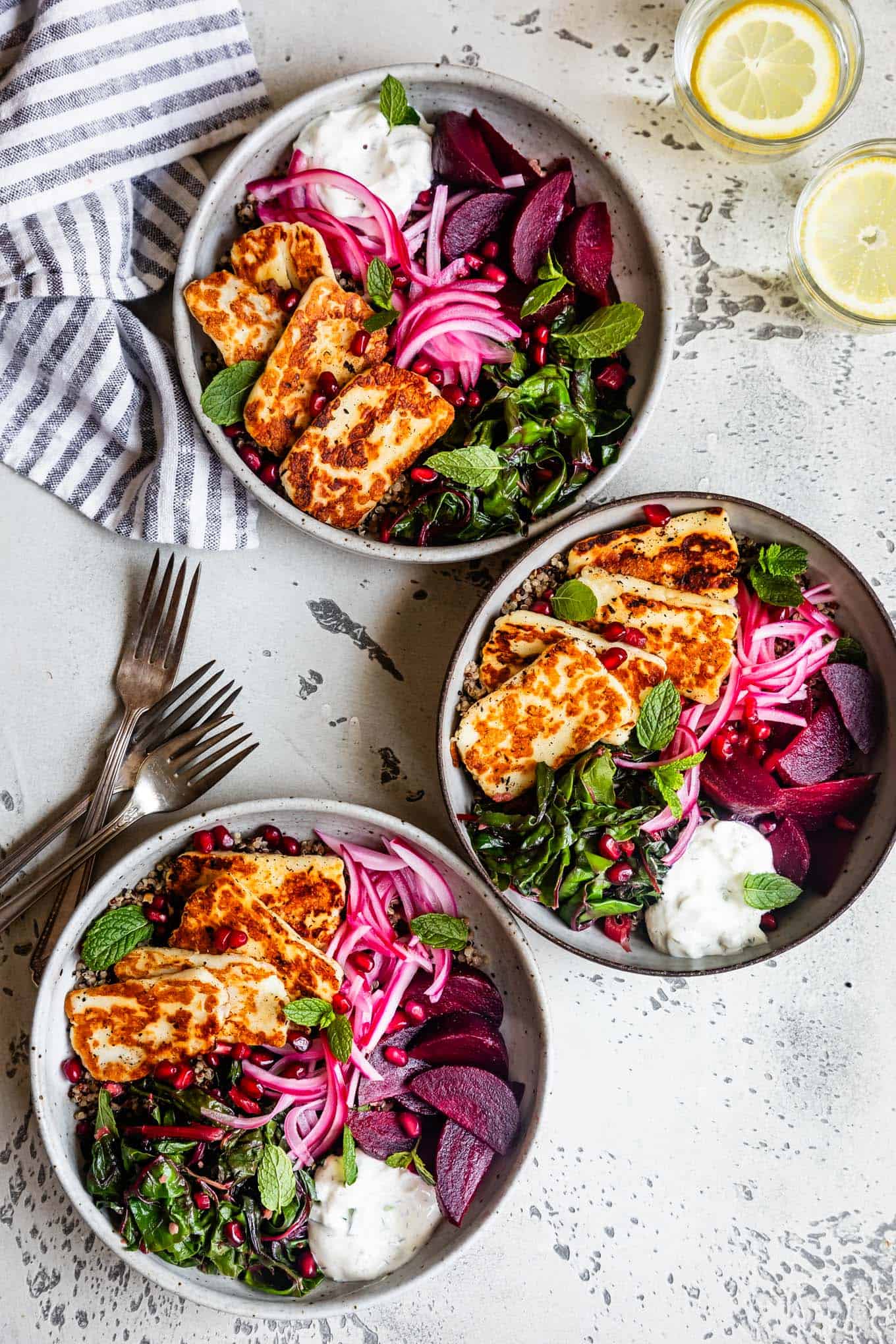 Fried Halloumi Cheese Bowls over Quinoa with Beets