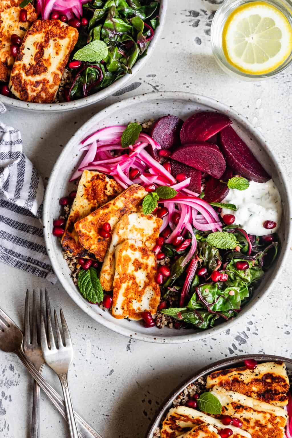 Fried Halloumi over Quinoa Veggie Bowls Snixy Kitchen