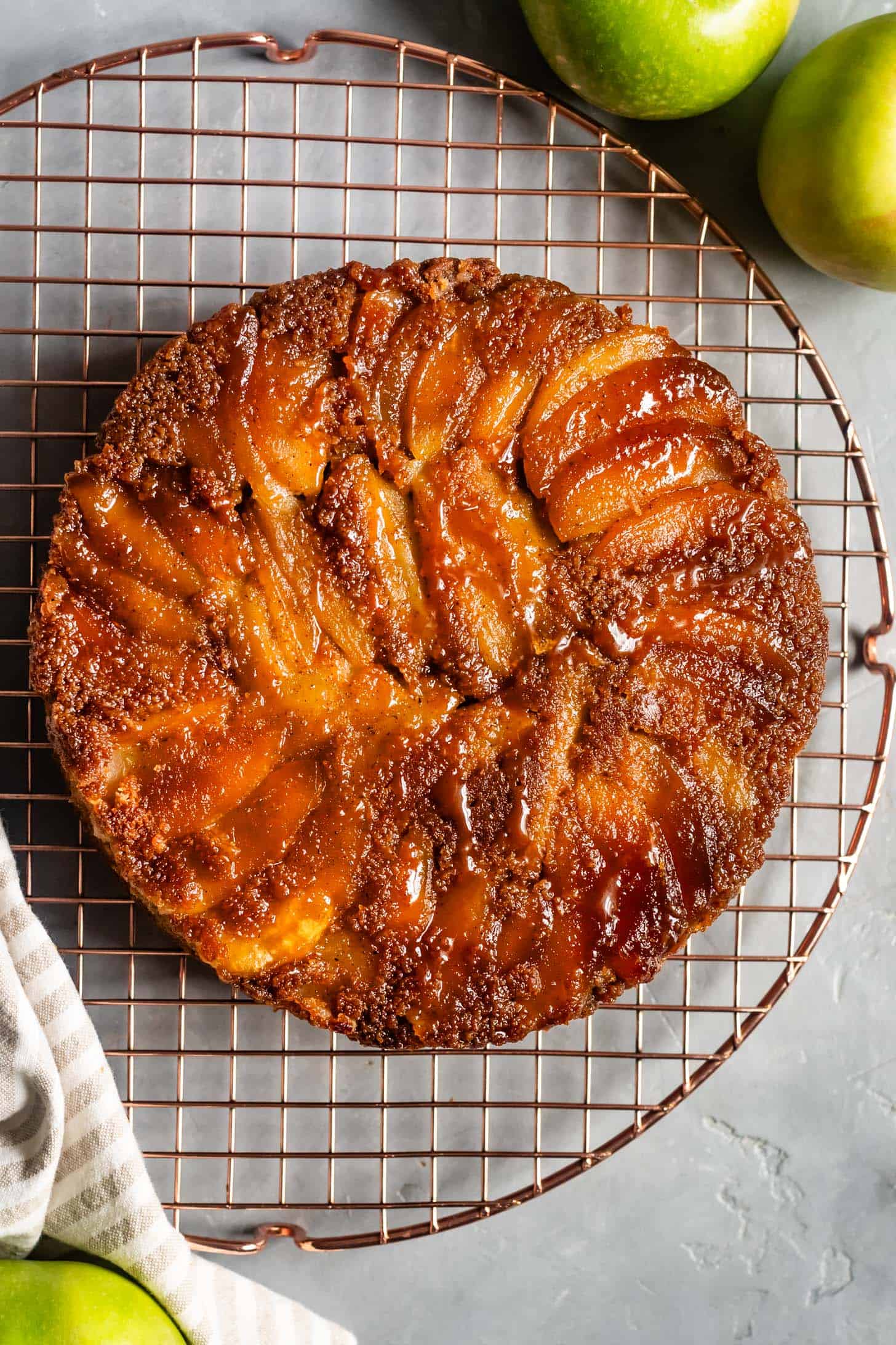 Gluten-Free Caramel Apple Upside-Down Cake on Cooling Rack