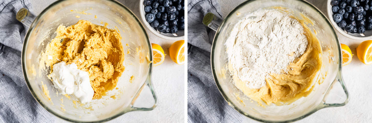 Adding flour and sour cream in parts for a gluten-free lemon cake