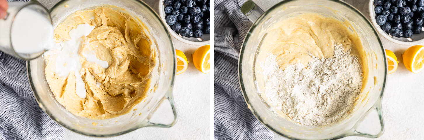 Adding flour and milk in parts for a gluten-free lemon blueberry cake