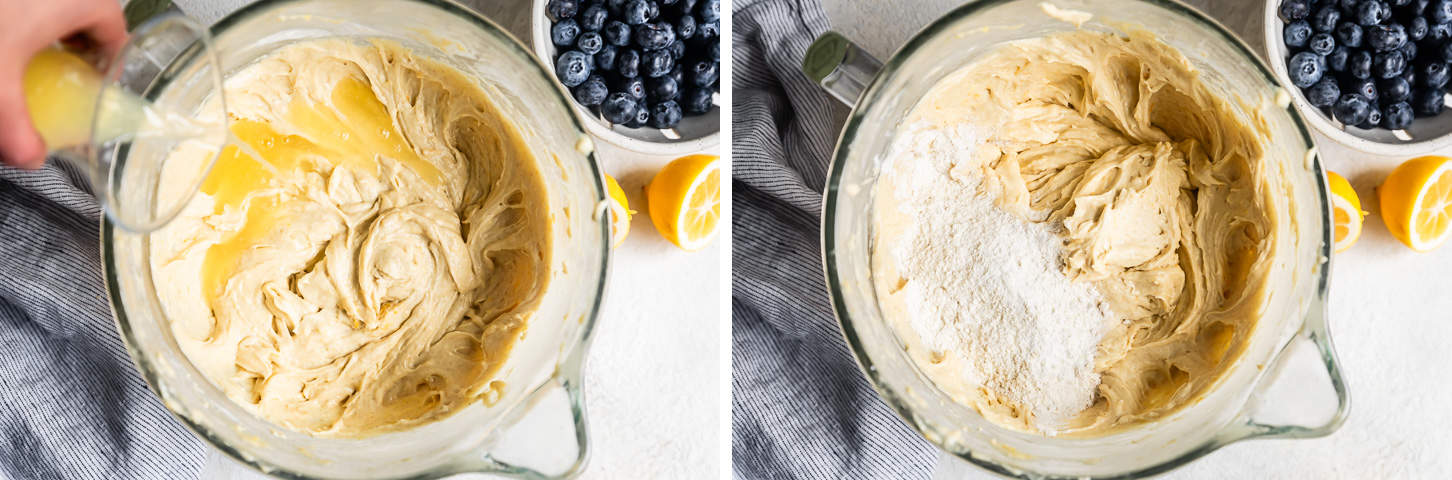 Adding flour and lemon juice in parts for a gluten-free lemon blueberry cake