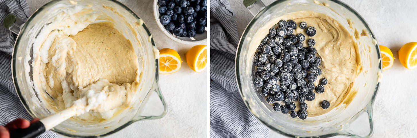 Folding in Egg Whites and Blueberries for Gluten-Free Lemon Blueberry Cake