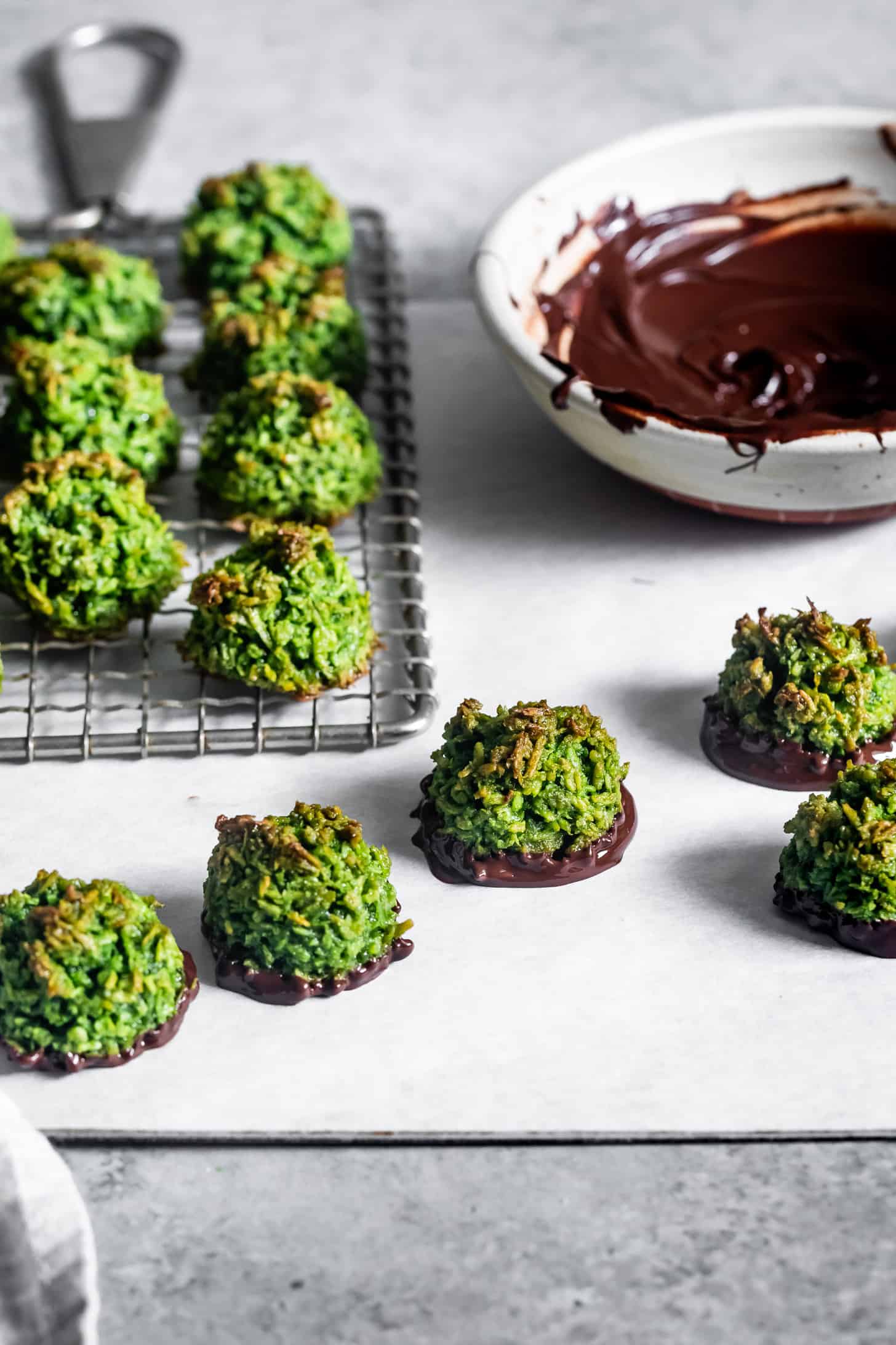 Chocolate Dipped Matcha Coconut Macaroons