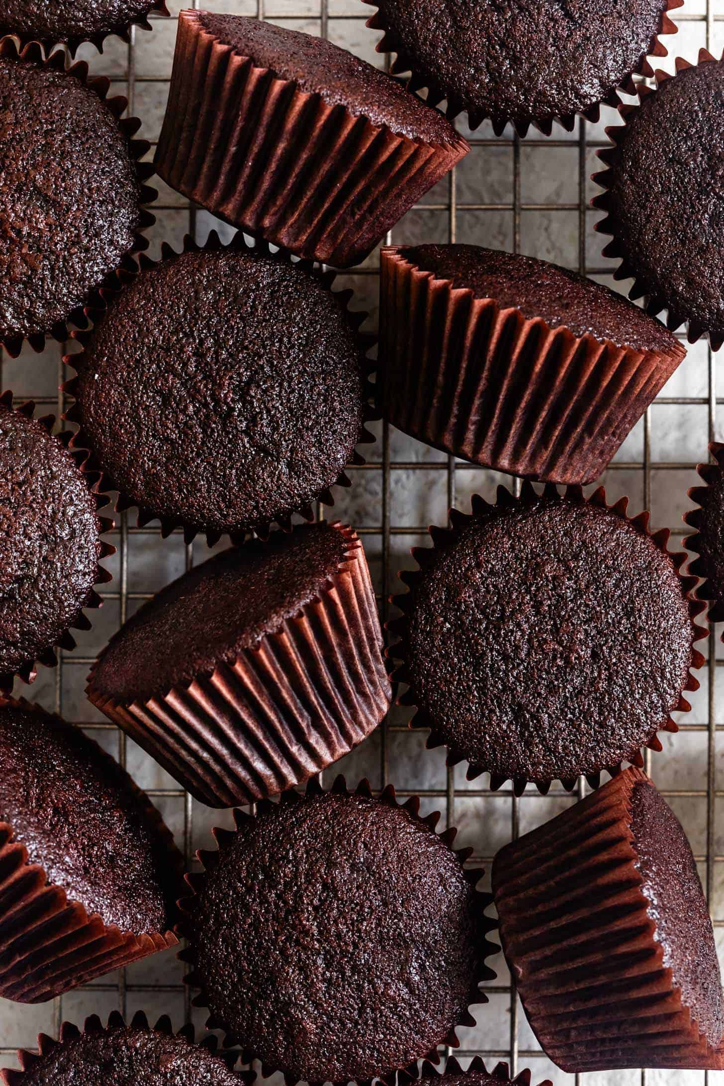 Moist Gluten-Free Chocolate Cupcakes Cooling on Rack