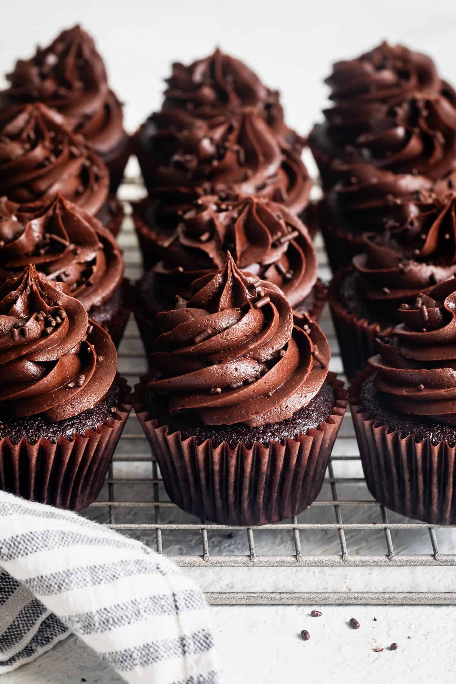 Gluten-Free Chocolate Cupcakes with Chocolate Frosting on Wire Rack