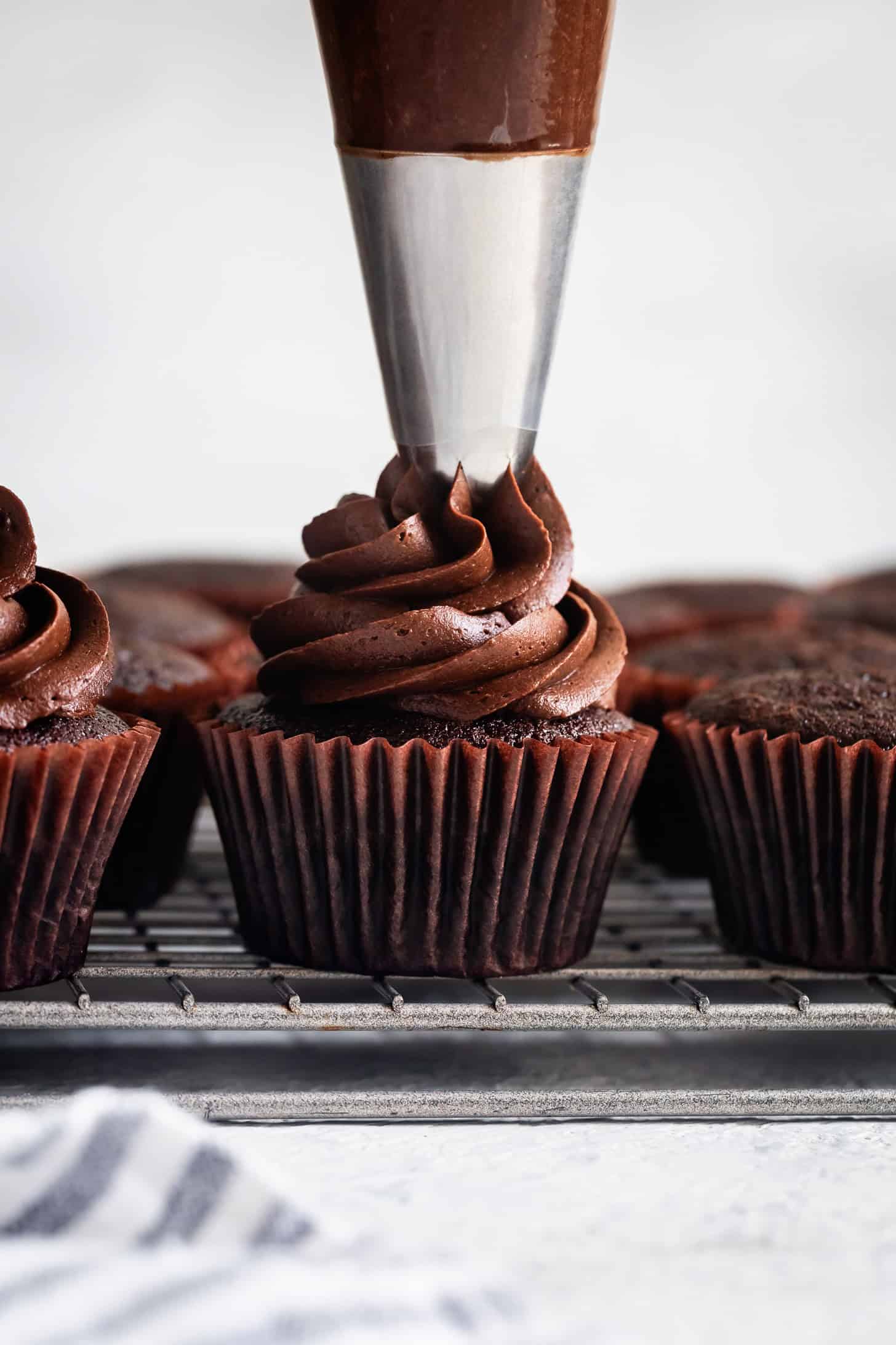Piping Gluten-Free Chocolate Cupcakes with Buttercream Frosting