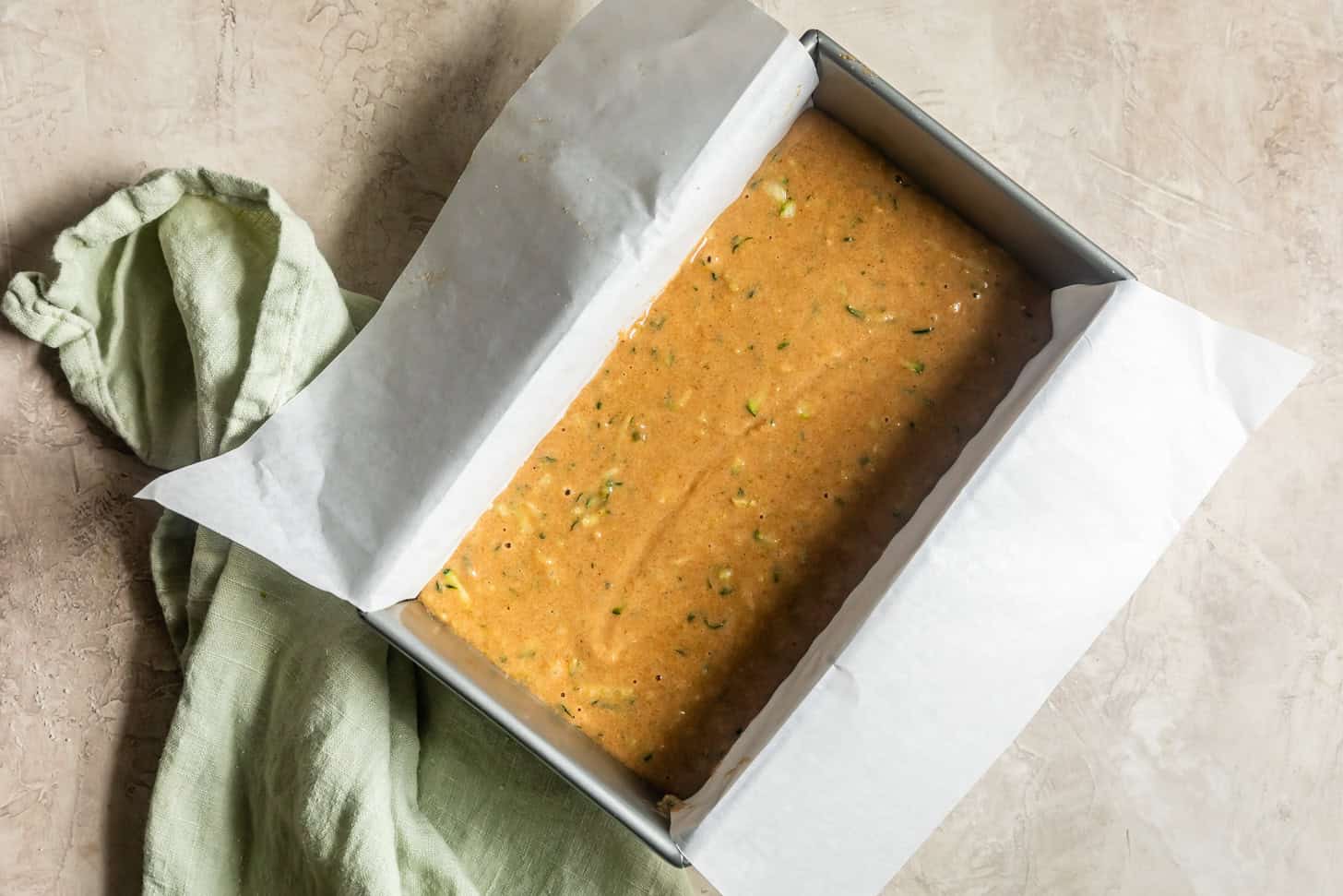 Gluten-Free Zucchini Bread Batter in Loaf Pan