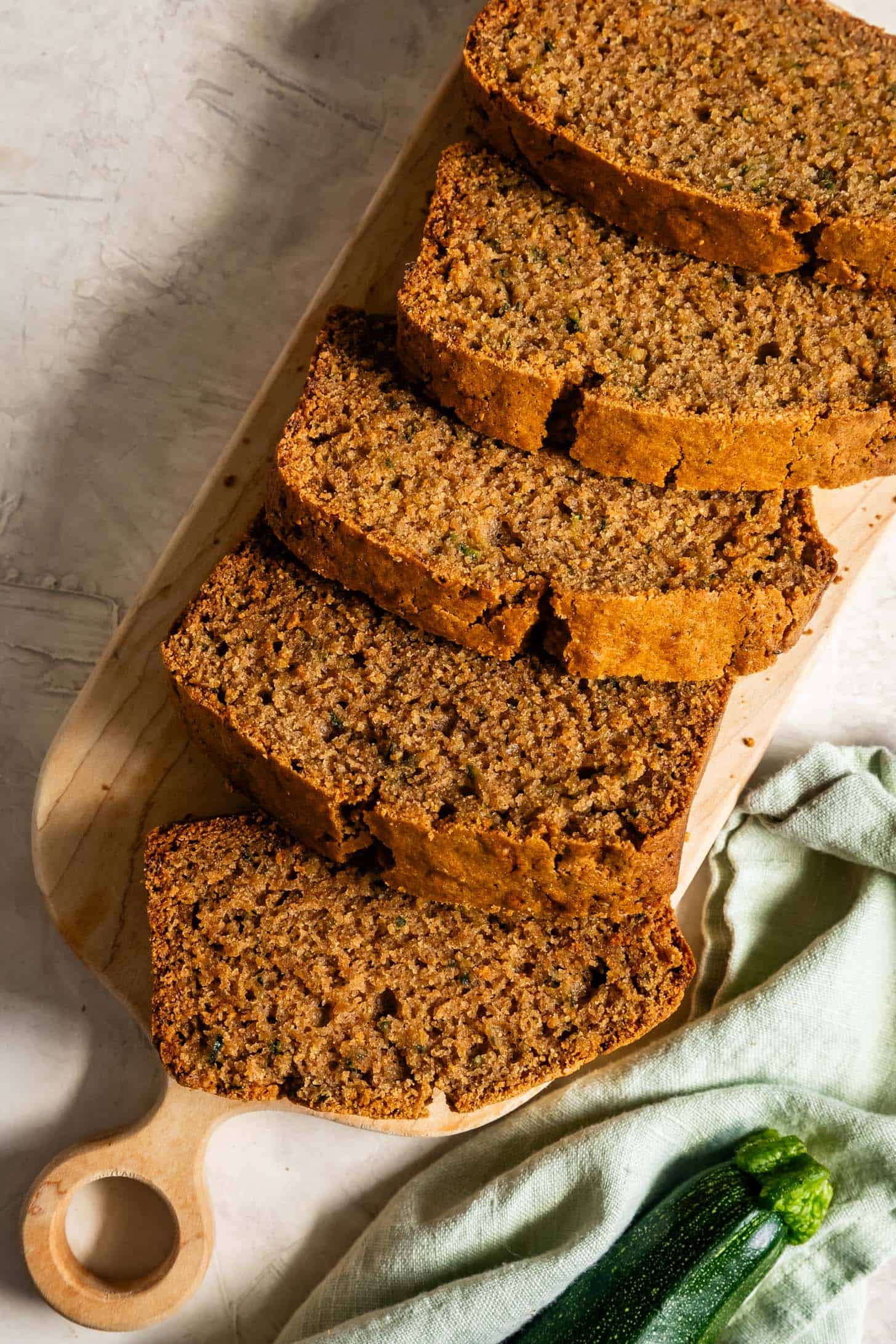 Overhead GF Zucchini Bread Slices on Cutting Board