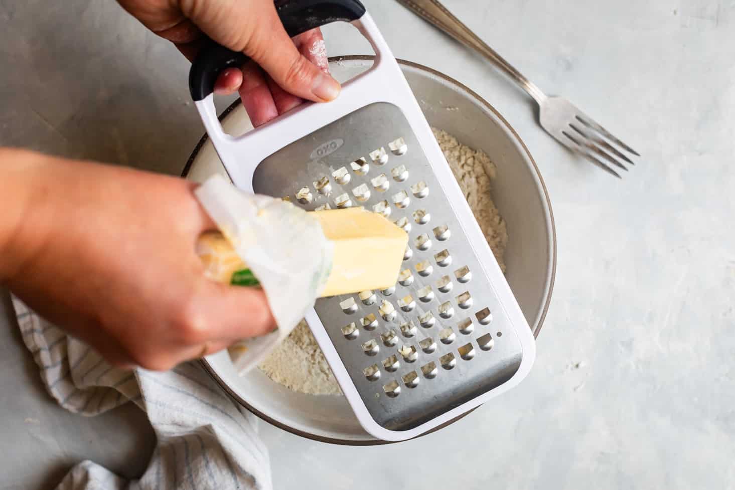 Grating Frozen Butter into Dry Ingredients for Gluten-Free Pie Crust