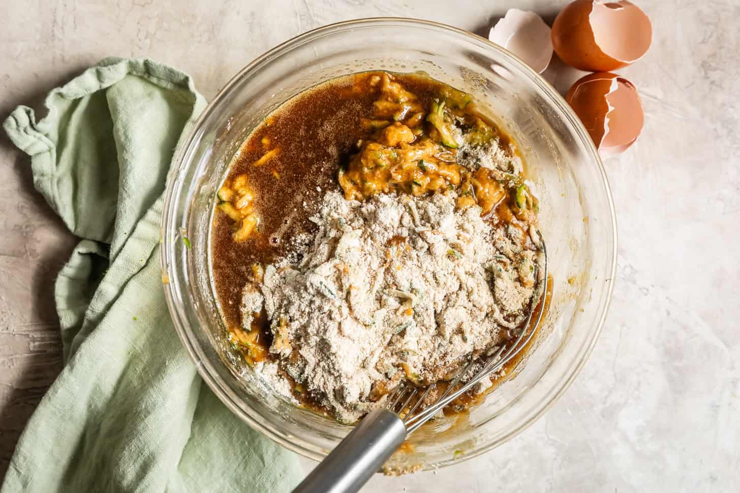 Mixing Wet Ingredients into Dry Ingredients for GF Zucchini Bread