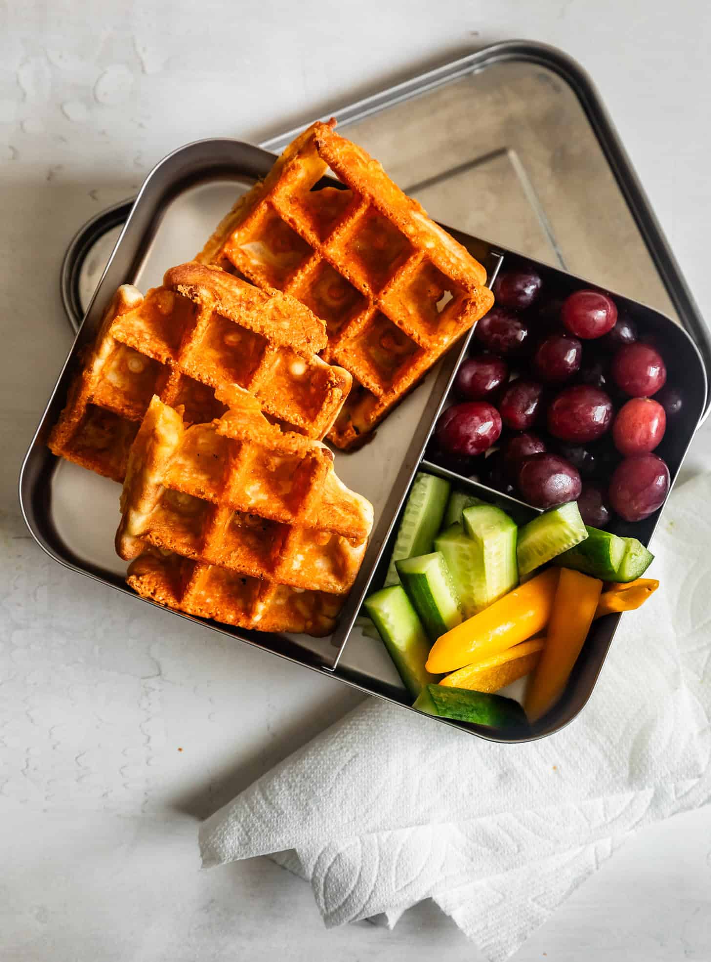 Cheesy Savory Mochi Waffles in a Lunchbox