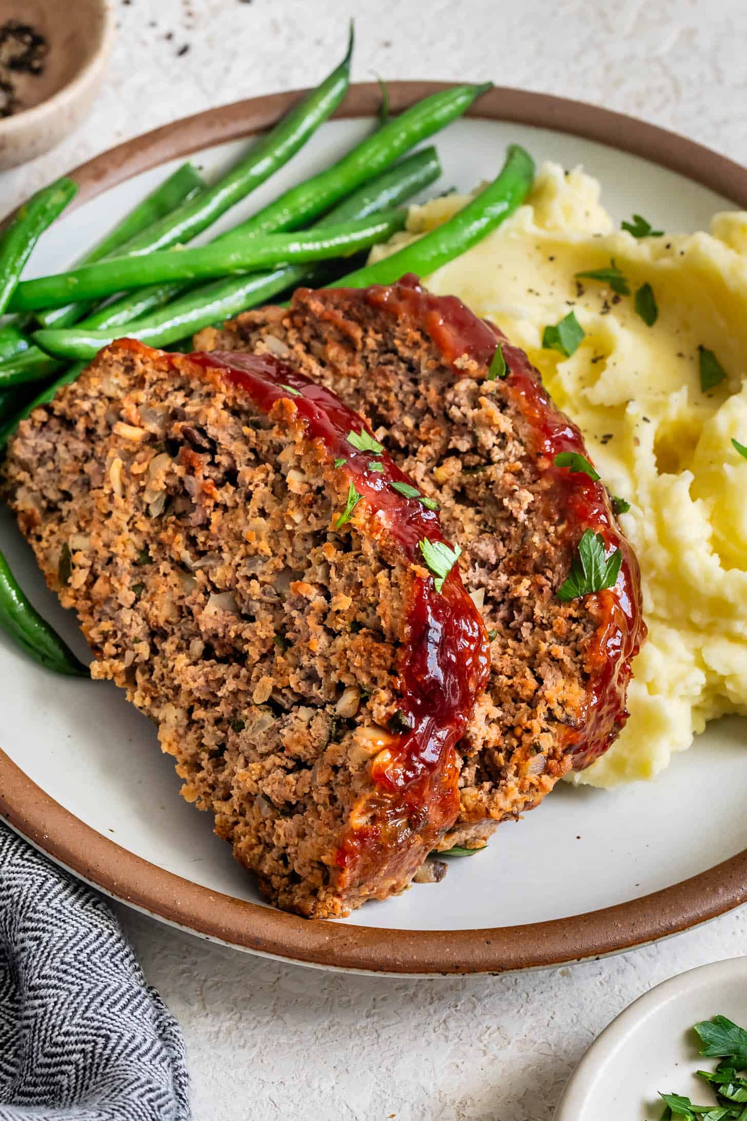 Gluten-Free Meatloaf Dinner on Plate with Mashed Potatoes and Green Beans
