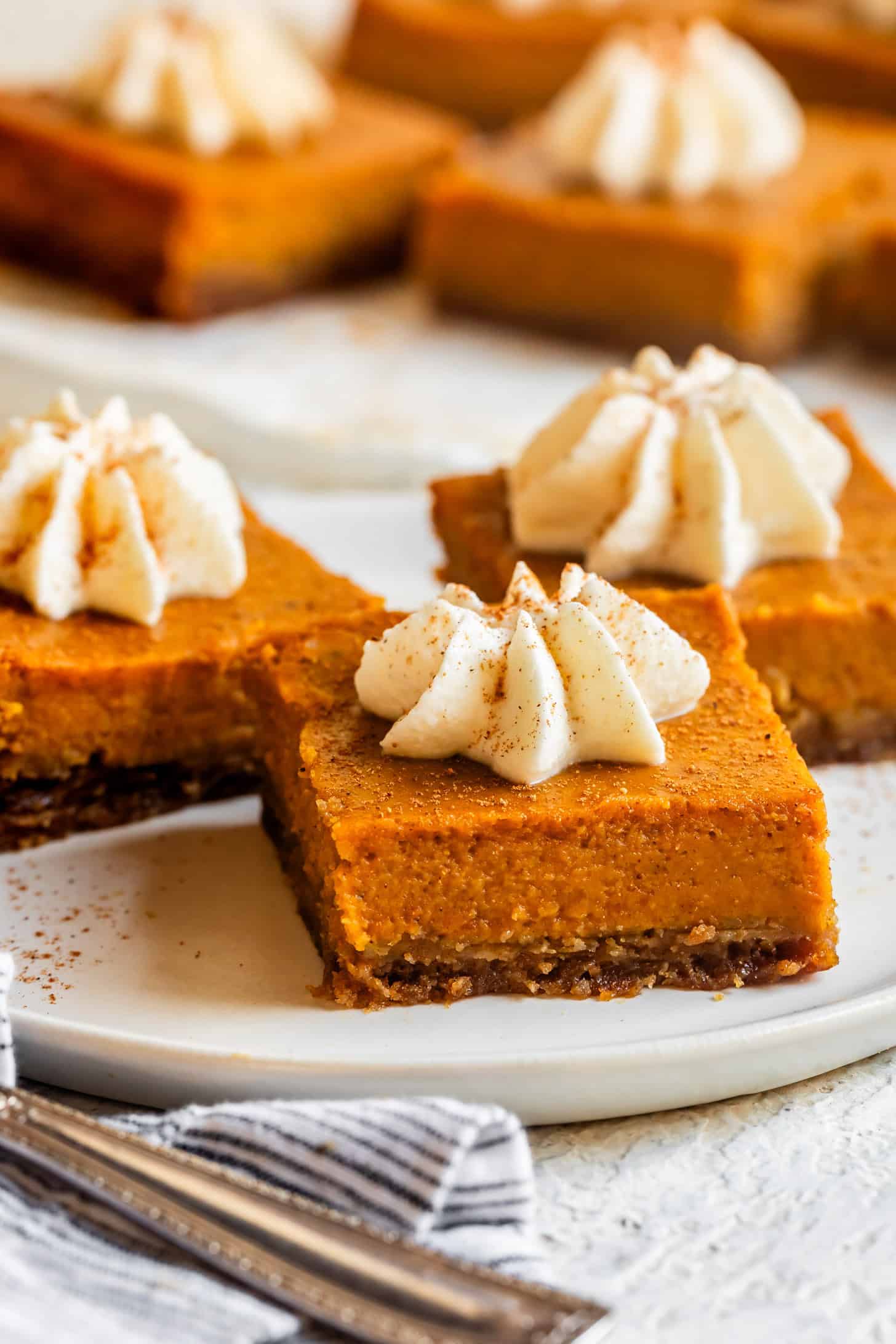Gluten Free Pumpkin Pie Bars Graham Cracker Crust Side View on Plate