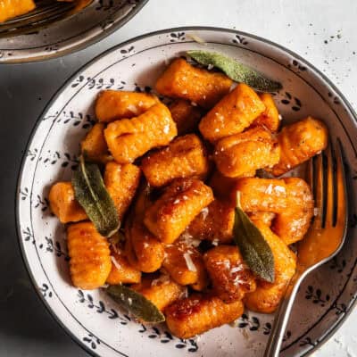 Pan-Fried Gluten-Free Sweet Potato Gnocchi with Sage and Brown Butter in Bowl