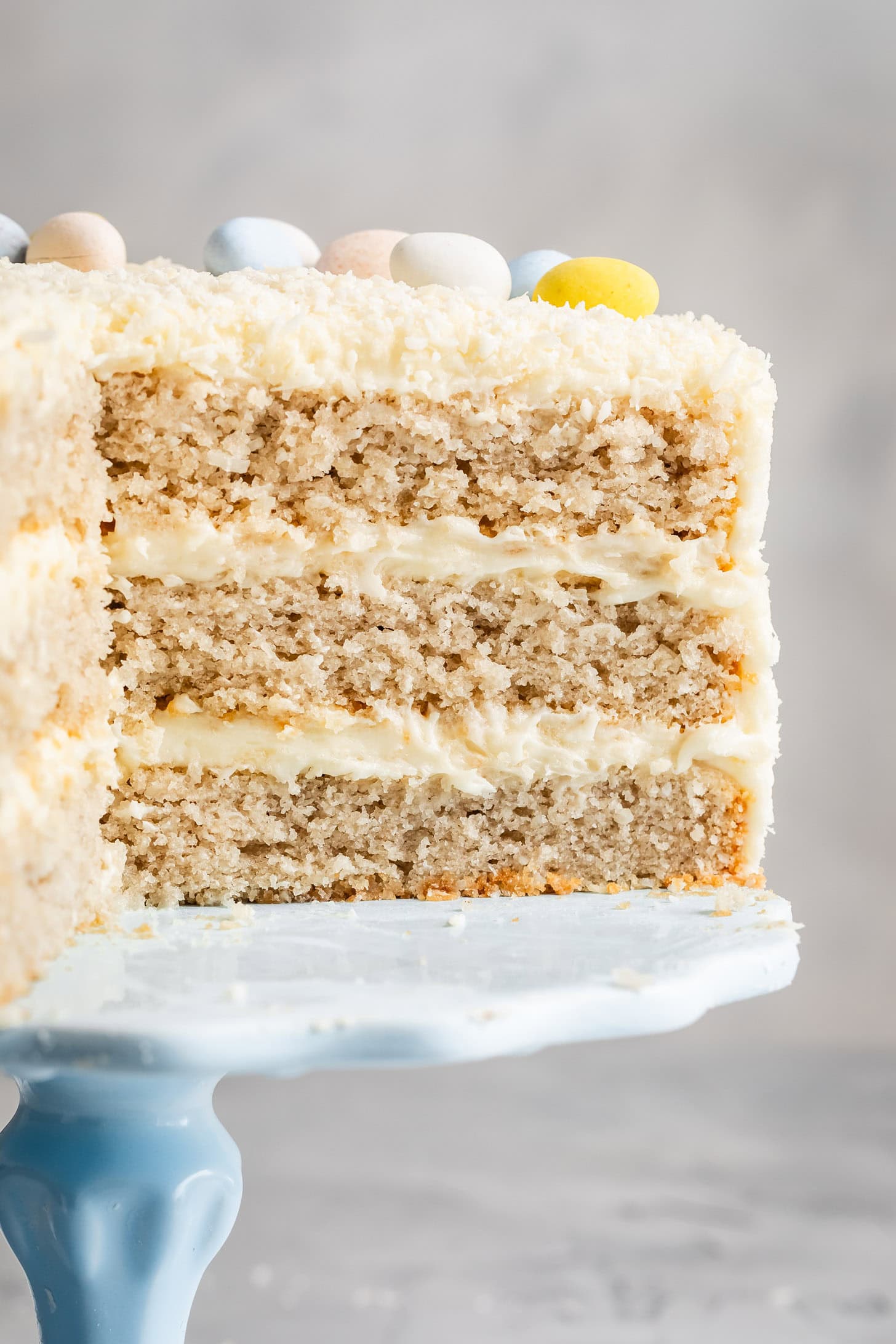 Coconut layer cake with coconut cream cheese frosting