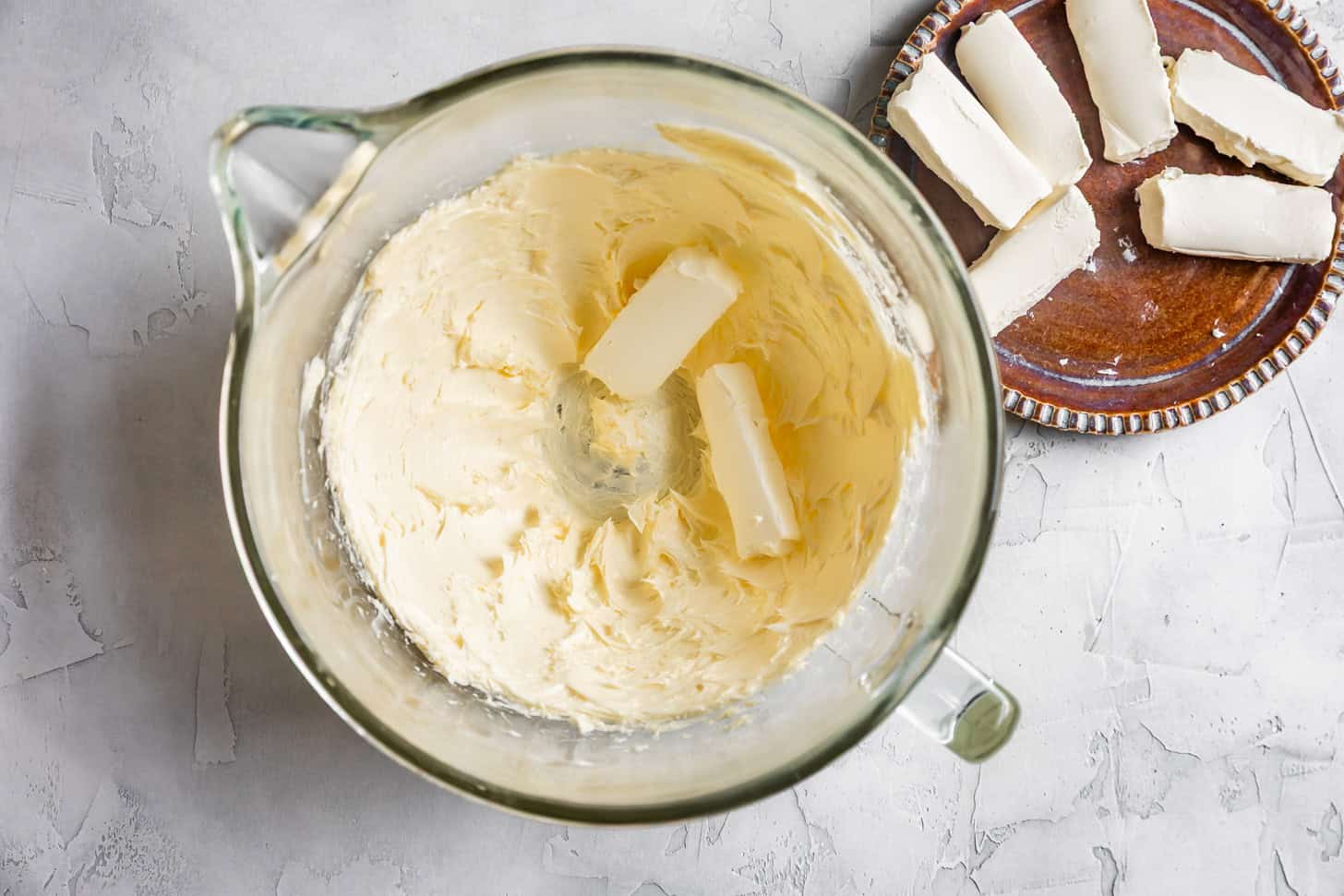 Creaming butter with cream cheese for frosting