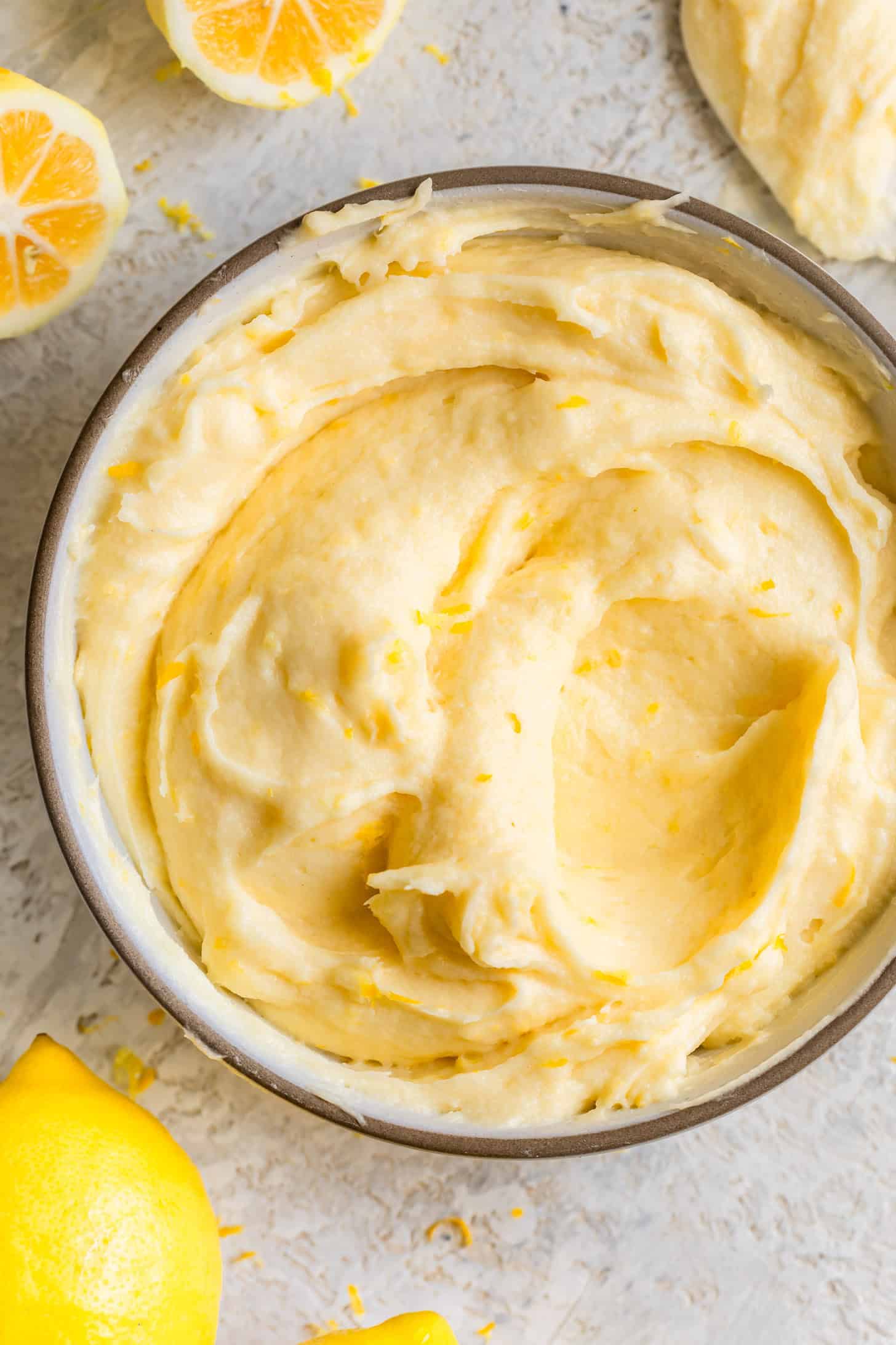 Swirls of Lemon Cream Cheese Frosting in Bowl