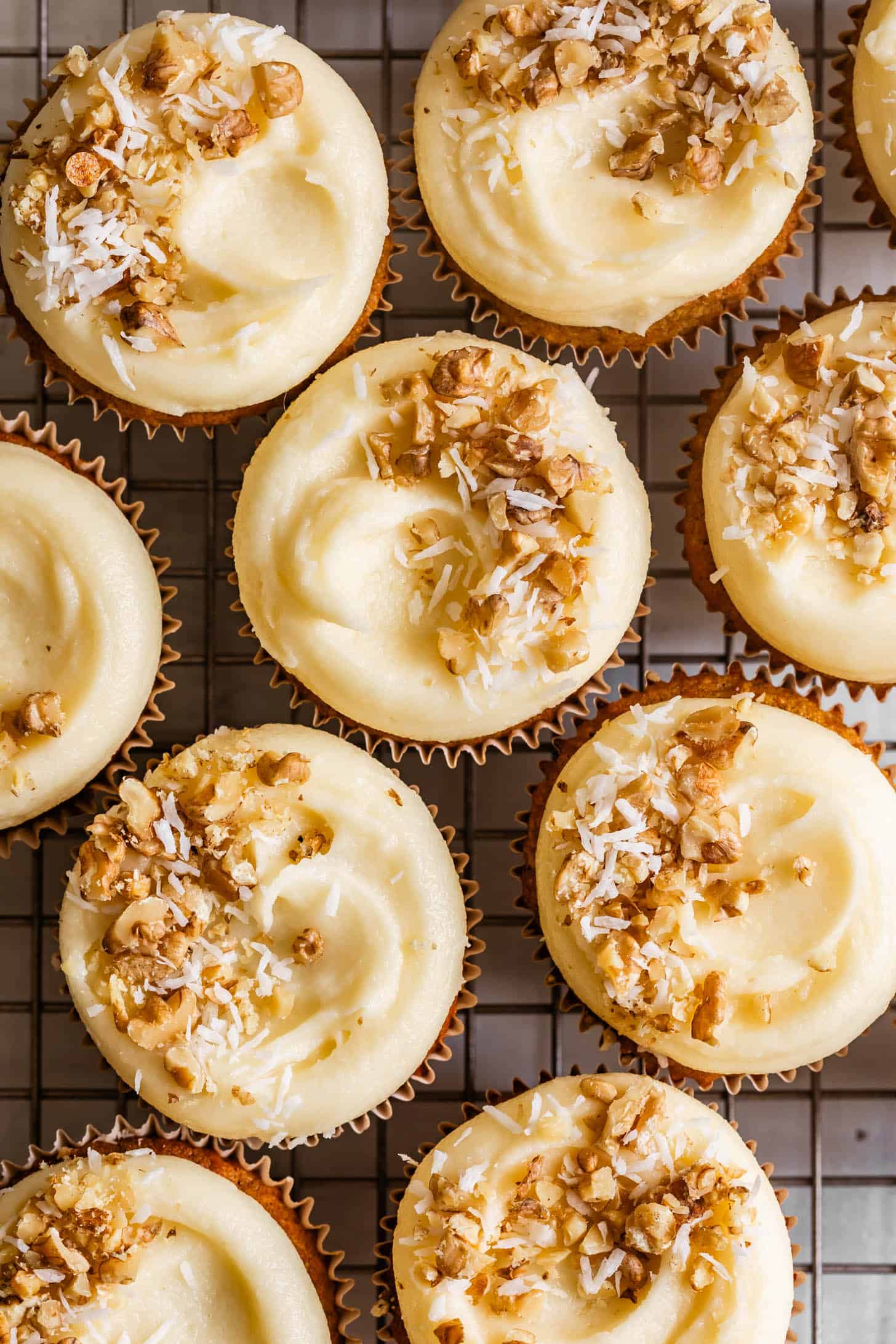 Overhead Gluten-Free Carrot Cake Cupcakes with Coconut Cream Cheese Frosting