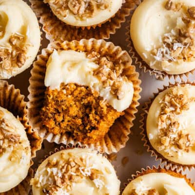 Gluten-Free Carrot Cake Cupcakes Top Down with Bite Close-up